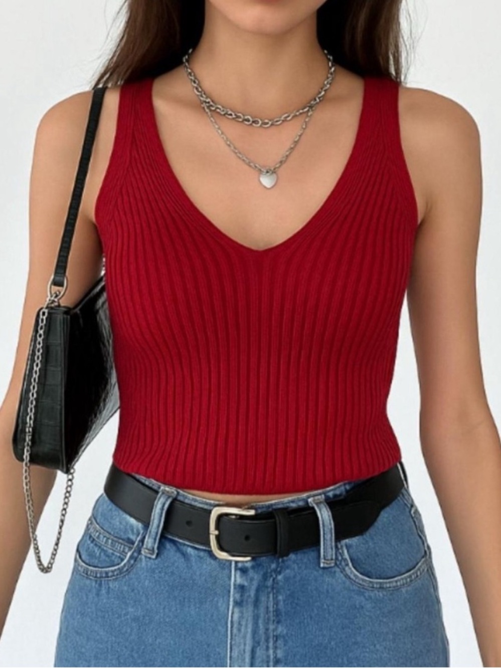 XOXO Vintage Y2K Red Ribbed Knit V-Neck Crop Tank Top – Medium